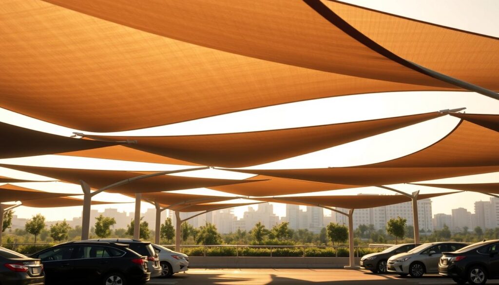 A contemporary car parking canopy structure cast in warm light, showcasing its sleek, minimalist design. The foreground features a variety of umbrella-like tensile shades in a harmonious palette, their fabric billowing softly in a gentle breeze. In the middle ground, several vehicles are neatly arranged, their shadows adding depth and dimension. The background is filled with a softly blurred architectural landscape, hinting at the lush greenery and modern buildings of Al-Ahsa. The overall scene conveys a sense of sophistication, functionality, and a touch of luxury, reflecting the premium quality and special offers of these state-of-the-art car shades.