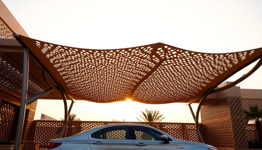 A contemporary car shade in the style of traditional Saudi Arabian architecture, showcasing intricate latticed patterns that cast dynamic shadows across the surface of a well-appointed sedan. The structure's tensile canopy is anchored by elegant, curving steel supports, creating a harmonious blend of modern engineering and historic design sensibilities. Warm, diffused sunlight filters through the openwork structure, producing a serene, contemplative atmosphere perfect for a tranquil afternoon respite from the desert heat.