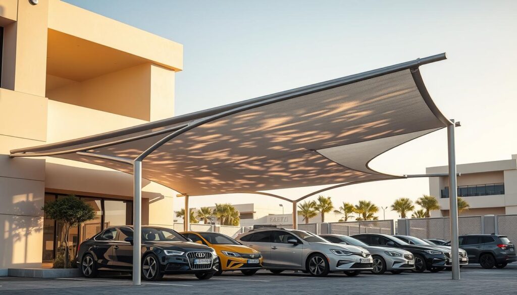 A contemporary car shade structure in Dammam, Saudi Arabia, featuring a sleek, minimalist design with clean lines and a tensile fabric canopy that casts soft, dappled shadows across the parked vehicles below. The structure is strategically positioned to maximize shade coverage, with elegant metal supports and a subtly curved roof that harmonizes with the surrounding architecture. The scene is illuminated by warm, natural light, creating a welcoming and functional outdoor space for vehicle protection. The overall composition emphasizes the balance between form and function, showcasing the modern aesthetic and practical benefits of this innovative car shade solution.