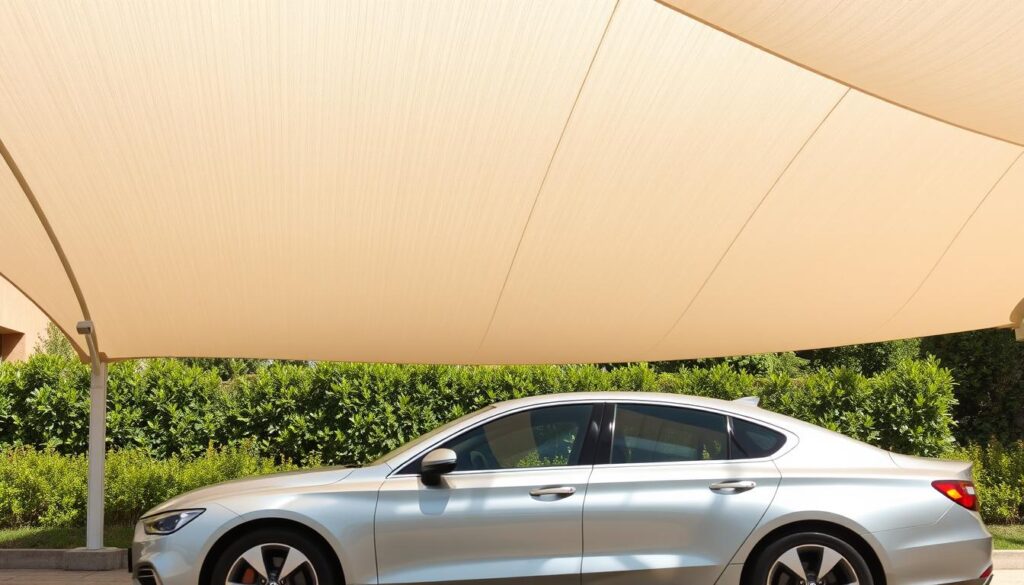 A contemporary tensile shade structure in Dammam, Saudi Arabia, casting intricate shadows across the scene. The graceful, undulating canopy is constructed of high-quality PVC fabric, reflecting the vibrant sunlight. In the foreground, a sleek, modern car is parked, its metallic finish complementing the clean lines of the shade design. The background features a lush, verdant landscape, creating a harmonious and inviting atmosphere. The lighting is natural and realistic, with subtle highlights and shadows accentuating the three-dimensional forms. This image showcases the durability, versatility, and aesthetic appeal of PVC fabric shades in the Dammam region for the year 2026.