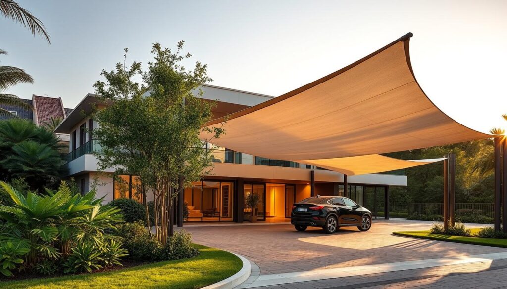 A contemporary villa nestled amidst lush greenery, adorned with elegant, sweeping canopies that gracefully cast shadows over the manicured driveway and parked vehicles. The tensile structures, skillfully engineered, provide a harmonious blend of form and function, offering respite from the sun's warm embrace. Soft, diffused lighting filters through the translucent fabric, creating a serene and inviting ambiance. The overall composition emphasizes the seamless integration of architectural design and the natural environment, showcasing a visually captivating and practical solution for shading vehicles in the Saudi Arabian climate.