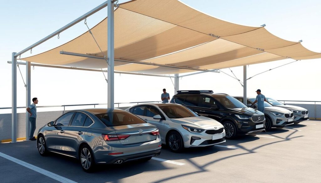 A detailed 3D rendering of a modern car parking shade structure, showcasing the installation process. The scene features a partially constructed tensile canopy system, with workers actively assembling the framework and fixing the fabric covering. Sunlight filters through the translucent material, casting natural shadows on the ground below. The cars parked underneath are realistically rendered, with accurate reflections and materials. The overall composition emphasizes the stepwise construction of the parking shade, highlighting the technical aspects of the project. The lighting is carefully balanced, creating a sense of depth and authenticity in the image.