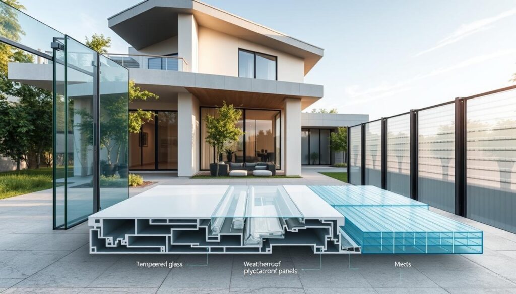 A detailed architectural cross-section showcasing the materials used in the manufacturing of premium privacy screens and fences. The foreground displays an array of high-quality materials, including tempered glass, rust-resistant aluminum frames, and weatherproof polycarbonate panels. The middle ground features a technical diagram highlighting the structural integrity and insulation properties of the components. In the background, a serene residential setting with lush greenery and sleek modern architecture creates a refined, elegant atmosphere. Crisp lighting from multiple angles accentuates the textures and durability of the materials, conveying a sense of sophistication and security.