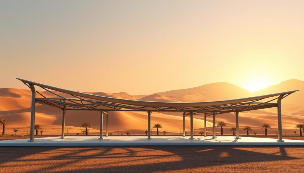 A detailed architectural diagram depicting the construction process of modern car shade structures in Saudi Arabia. The foreground showcases the intricate framework of the tensile shade, with its graceful curves and intersecting metal beams. The middle ground highlights the precise installation of the shade material, creating a seamless and sophisticated aesthetic. The background features a realistic desert landscape, with warm tones and dramatic shadows casting a serene ambiance. The lighting is carefully crafted to accentuate the depth and dimensionality of the structure, resulting in a visually stunning and technically accurate representation of the "مراحل تنفيذ المظلات بالتفصيل".