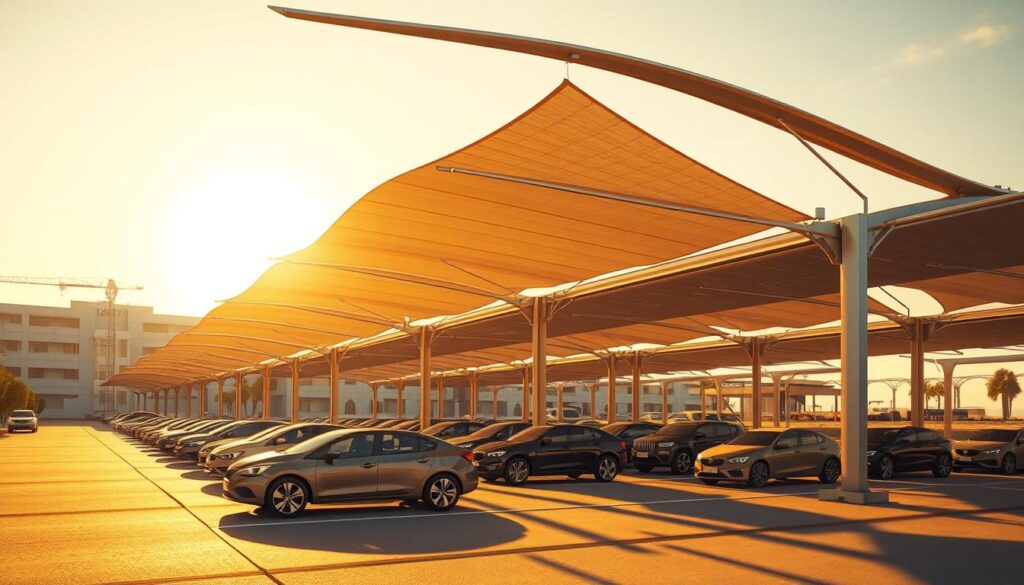 A detailed architectural illustration of a modern, tensile shade structure designed for car parking in Jubail, Saudi Arabia. The structure features a sleek, curvilinear roof canopy supported by slender steel columns, casting dramatic shadows on the vehicles below. The scene is bathed in warm, golden sunlight, creating a sense of depth and atmosphere. The frame captures the various stages of the installation process, from the ground-level foundation to the suspended roof elements, showcasing the technical expertise required for such a complex construction project.