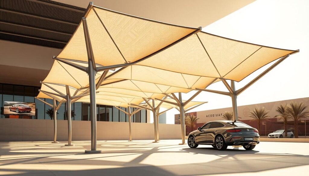 A detailed architectural model of a modular and customizable car shade structure, showcasing intricate tensile panels and sleek support frames. The scene is bathed in warm, natural lighting, casting realistic shadows that accentuate the geometric design. The structure appears sturdy and well-engineered, with a focus on both form and function. The overall aesthetic blends modern lines with traditional Middle Eastern influences, creating a visually striking and harmonious composition that would complement a high-end automotive setting.