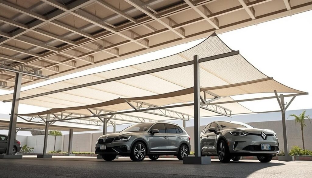 A detailed architectural plan of a car parking shade structure, showcasing the intricate framework and materials used in its construction. The image should depict the shade in a realistic setting, with accurate lighting and shadows to convey the sense of depth and materiality. The structure should be made of high-quality, durable materials such as steel and fabric, designed to withstand the harsh environmental conditions of Saudi Arabia. The composition should highlight the technical aspects of the installation process, providing a clear visual representation of the assembly and installation procedures. The overall mood should convey a sense of functionality and reliability, highlighting the structure's ability to protect vehicles from the sun and weather.