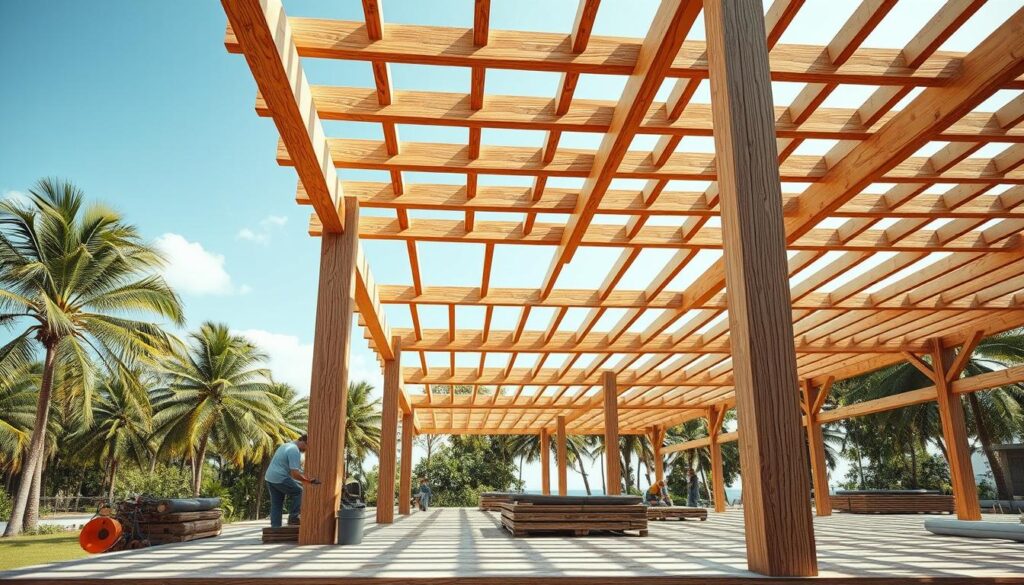 A detailed architectural rendering of a complex wooden shade structure, showcasing the intricate assembly process. The foreground features a close-up view of workers carefully constructing the wooden frame, with tools and materials visible. The middle ground depicts the structure's gradual formation, revealing the layered design and attention to detail. In the background, a lush natural setting with palm trees and a clear sky creates a harmonious blend of modern engineering and organic elements. Realistic lighting casts warm, diffused shadows, highlighting the textural qualities of the wood. The overall scene conveys a sense of precision, craftsmanship, and the seamless integration of the structure with its surroundings.