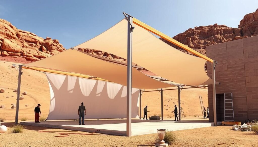 A detailed architectural rendering of a tensile shade structure being installed, showcasing the construction process. The scene depicts workers assembling the framework, securing the PVC fabric, and finalizing the installation. The structure stands prominently in the foreground, with a warm, desert-like landscape in the background. Realistic lighting casts natural shadows, highlighting the intricate design and robust construction. The overall atmosphere conveys a sense of progress and efficiency in the project's execution.