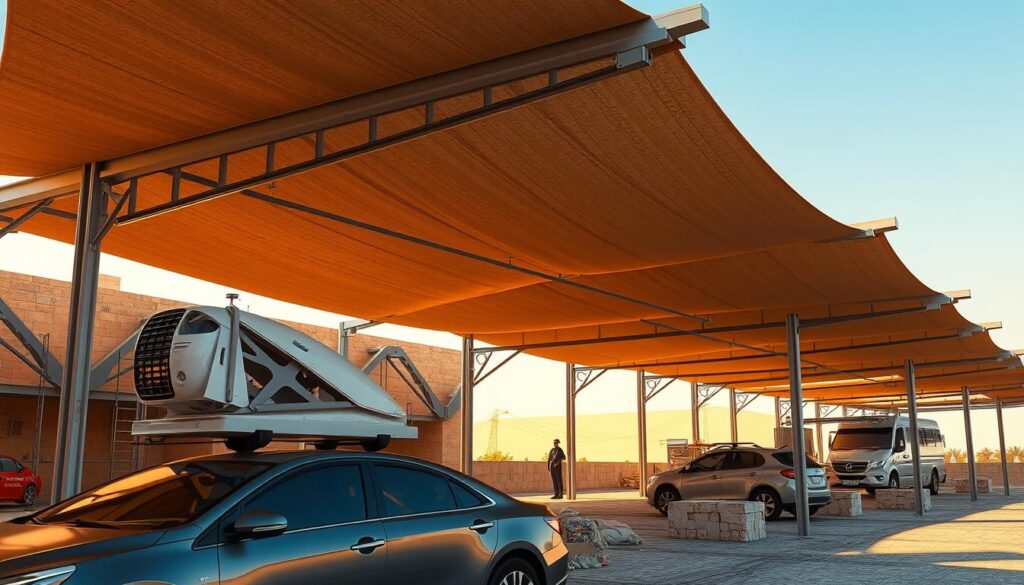 A detailed architectural rendering showcasing the intricate construction process of modern tensile car shades in Qatif, Saudi Arabia. The scene depicts the various stages of installation, from the robust steel framework to the precise attachment of the high-quality fabric canopy, all under warm, natural lighting that casts realistic shadows across the sleek, contemporary design. The attention to engineering and aesthetics creates a visually captivating image that captures the essence of functional yet stylish sun protection tailored for the local climate.