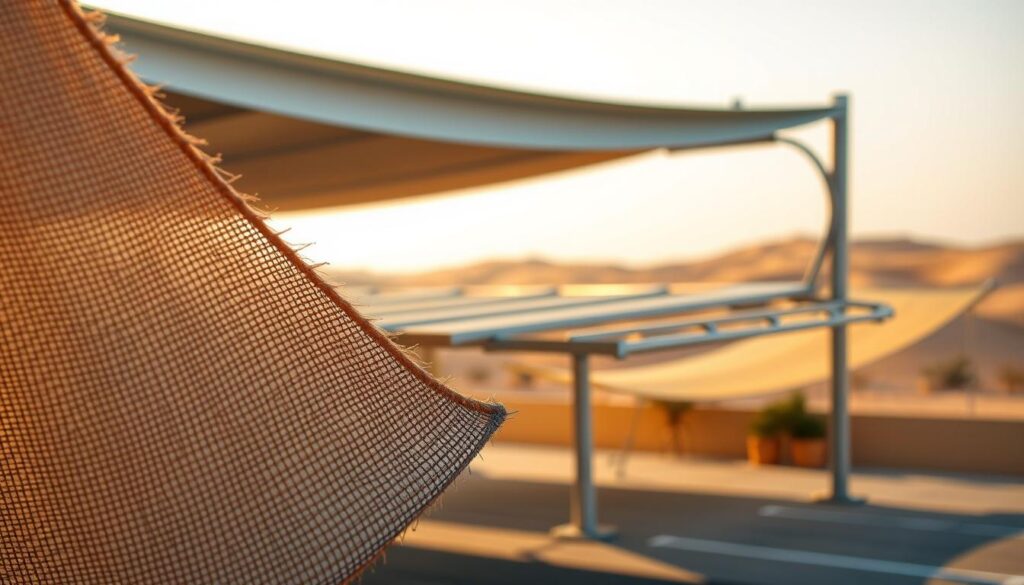 A detailed image of heat and wind-resistant materials used in the construction of modern car shades in Dammam, Saudi Arabia. In the foreground, a close-up view showcases the intricate fabric weave and textured surfaces, highlighting their durability and weatherproofing capabilities. The middle ground presents a partially assembled shade structure, revealing the sturdy aluminum frames and connectors that provide the necessary structural integrity. In the background, the natural desert landscape serves as a realistic backdrop, with warm, directional lighting casting dramatic shadows that emphasize the three-dimensional forms. The overall scene conveys a sense of practical functionality seamlessly blended with an aesthetic design sensibility.