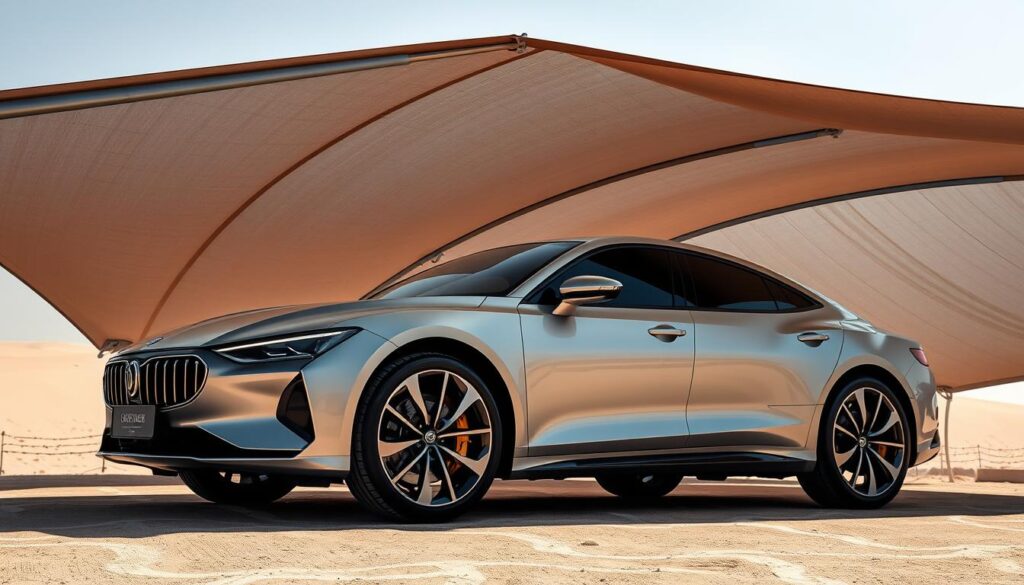 A detailed perspective of a modern car shade structure in the city of Khobar, Saudi Arabia. The sleek tensile canopy casts dramatic shadows across the vehicle's body, creating a striking interplay of light and shade. Metallic accents and a minimalist design evoke a sense of luxury and sophistication. Vibrant colors reflect the warm desert atmosphere, while subtle textures add depth and visual interest. The overall composition emphasizes the harmonious blend of form and function, showcasing the latest advancements in car shade technology and design.