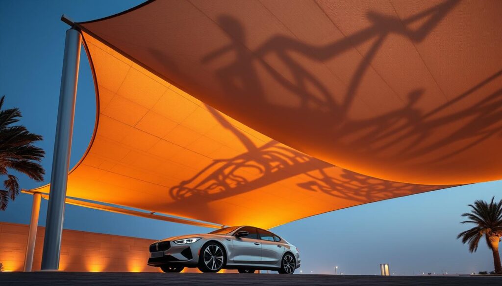 A high-quality, luxurious car shade structure in Saudi Arabia, crafted with durable materials and advanced engineering. The tensile fabric canopy casts intricate shadows, creating a dynamic, modern aesthetic. Warm, directional lighting illuminates the sleek automobile underneath, highlighting the interplay of light and shadow. The structure's clean, minimalist design seamlessly blends form and function, offering both practical protection and an elegant visual statement.