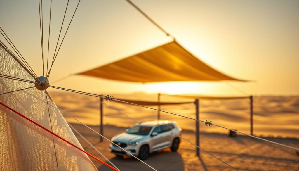 A high-resolution, photorealistic image of various materials used in the manufacturing and installation of car shade structures in Saudi Arabia. In the foreground, a close-up view of the intricate fabric, tensile cords, and hardware components that make up the shade canopy. In the middle ground, a partially assembled car shade structure showcasing the assembly process. In the background, a blurred scene of a Saudi Arabian desert landscape with a warm, golden-hour lighting effect, casting dramatic shadows across the scene.