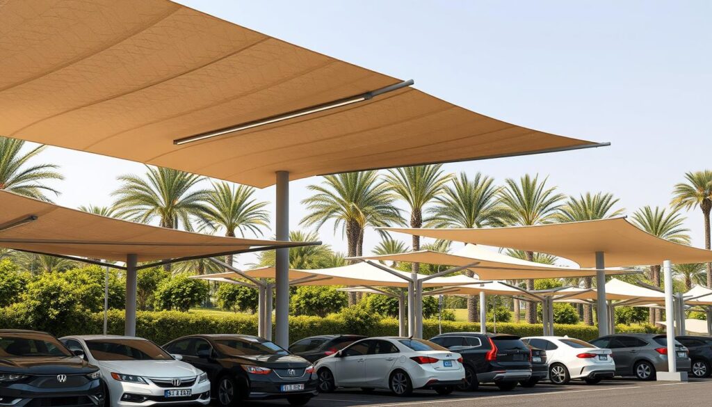 A highly detailed and photorealistic scene showcasing various types of car shades and tensile structures in Dammam, Saudi Arabia. The foreground features a diverse array of modern, stylish car shades with clean lines, intricate geometric patterns, and a range of colors and materials. The middle ground depicts larger tensile structures providing ample shade for parking areas, with a focus on their structural integrity, elegant design, and seamless integration into the surrounding environment. The background presents a lush, verdant landscape with palm trees, complementing the shaded structures. Realistic lighting conditions create dramatic shadows, highlights, and a sense of depth, highlighting the functional and aesthetic qualities of the car shades and tensile structures.