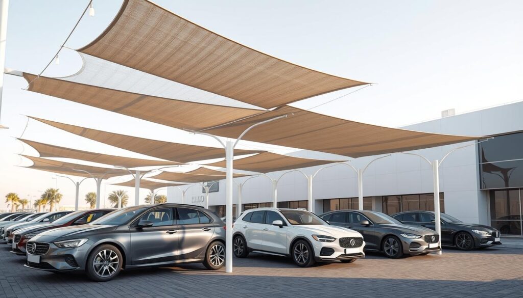 A highly detailed, technically accurate 3D rendering of a car showroom in Khobar, Saudi Arabia, with a focus on the quality and safety standards of the car shade structures. The scene features modern, tensile shade structures installed over several parked cars, casting realistic shadows and lighting across the vehicles and surrounding environment. The shades are shown in a range of contemporary designs and materials, highlighting their durability, weather-resistance, and adherence to local safety regulations. The overall atmosphere conveys a sense of high-end, premium quality in the car display area.