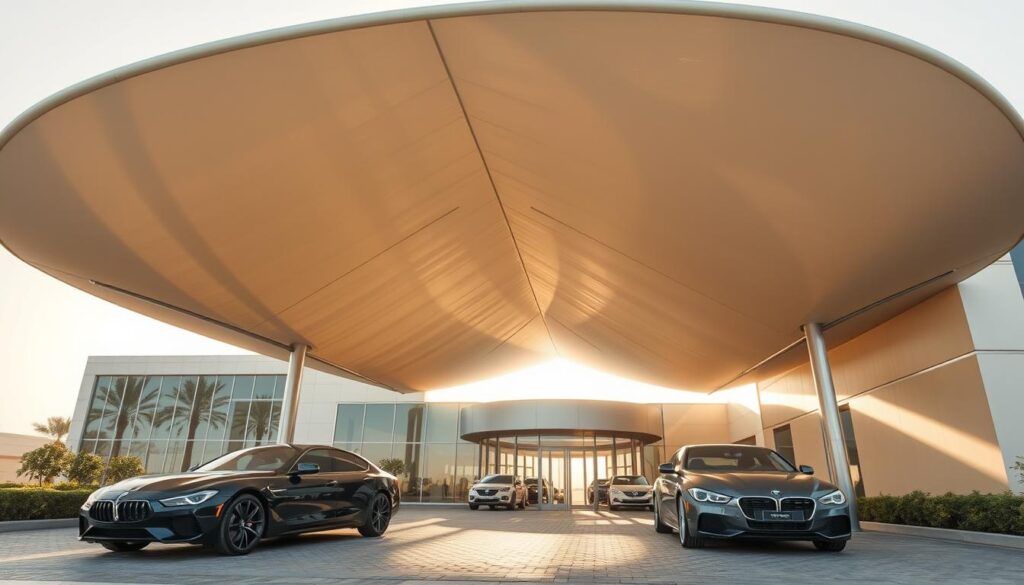 A large modern tensile shade structure covering the entrance of a commercial building in Dammam, Saudi Arabia. The structure features a sleek, minimalist design with graceful curved lines and a durable fabric canopy supported by slender metal columns. Warm afternoon sunlight filters through the canopy, creating intricate patterns of light and shadow on the paved driveway below. Several luxury cars are parked in the foreground, adding a touch of elegance to the scene. The overall atmosphere conveys a sense of sophisticated simplicity and functionality, perfectly suited for welcoming visitors to this Dammam business.