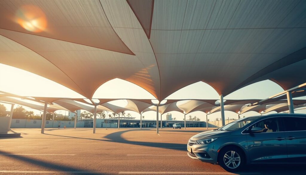 A large tensile shade structure covers a modern car parking lot, showcasing the quality and safety standards of its installation. The structure's sleek, curved canopy casts dramatic shadows across the ground, highlighting the intricate engineering and high-quality materials used. In the foreground, the car's reflection is captured, blending seamlessly with the surrounding environment. Soft, warm lighting illuminates the scene, creating a sense of comfort and security. The overall composition emphasizes the harmony between form, function, and safety, reflecting the article's focus on the latest car shade designs in Dhahran, Saudi Arabia.