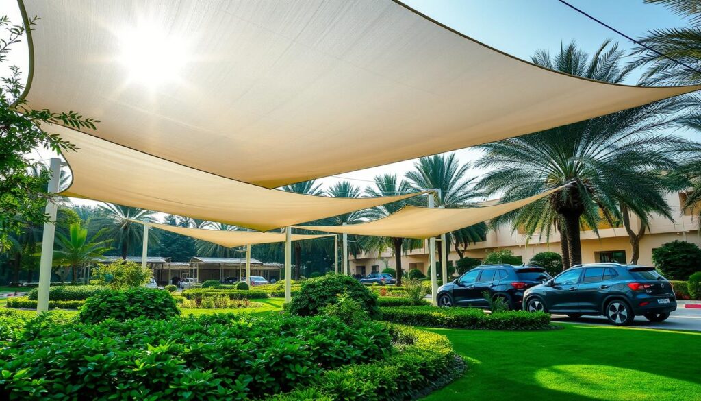 A lush garden oasis in Dammam, Saudi Arabia, featuring elegant tensile shade structures that cast soft, natural light onto the verdant landscaping below. The canopies, crafted with precision, provide ample shade and a serene ambiance, inviting visitors to relax and unwind amidst the tranquil surroundings. Automobiles parked nearby complement the scene, suggesting a harmonious blend of modernity and nature. The overall composition conveys a sense of balance, with the structures seamlessly integrated into the landscape, creating a picturesque and visually appealing setting.