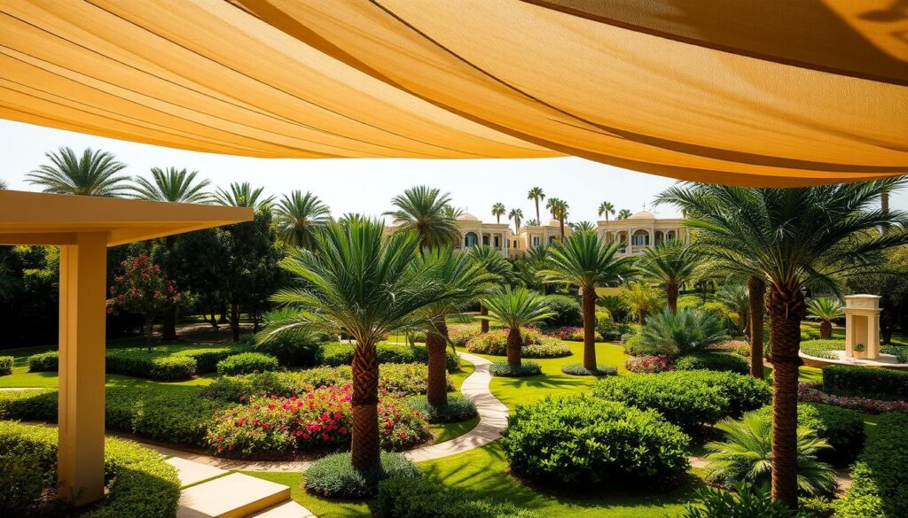 A lush garden oasis with a grand, sweeping canopy of tensile shade structures, casting intricate patterns of light and shadow across the meticulously manicured landscape. In the foreground, a modern, angular pavilion with sleek columns and a sweeping roofline, its clean lines and minimalist elegance complementing the verdant surroundings. Mature date palms and vibrant flowering shrubs fill the middle ground, their verdant hues contrasting with the warm, earthy tones of the stone pathways winding through the scene. In the distance, the sun-dappled facades of elegant villas, their windows reflecting the play of light and shadow, creating a sense of tranquility and refined living.