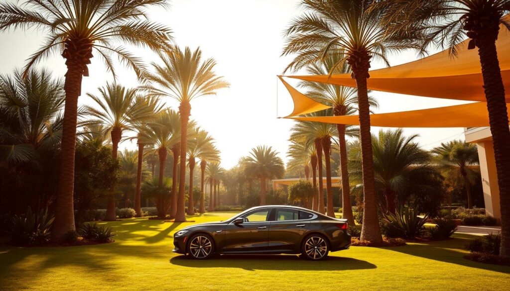 A lush garden oasis with elegant tensile shade structures casting soft, warm light across the scene. Tall palm trees sway gently in the breeze, their fronds casting intricate patterns of shadow on the meticulously manicured lawn. In the foreground, a sleek, modern car sits under the canopy, its glossy finish reflecting the natural surroundings. The overall atmosphere is one of tranquility and sophisticated design, highlighting the importance of shade structures in creating comfortable, inviting outdoor spaces within the Saudi Arabian urban landscape.