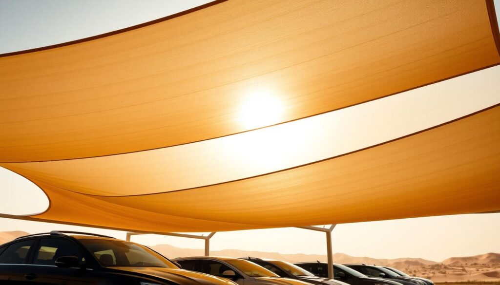 A meticulously crafted PVC fabric canopy shade stands tall, its taut silhouette cutting a striking figure against the warm desert sky. Sunlight filters through the translucent material, casting a soft, diffused glow that highlights the intricate weave and texture. The shade's sturdy aluminum frame casts long, dramatic shadows, creating depth and dimension. In the foreground, a fleet of sleek, modern automobiles sit beneath the shelter, their reflections rippling across the smooth, polished surface. The overall scene exudes a sense of quality, durability, and timeless elegance, perfectly encapsulating the essence of "مظلات قماش PVC الدمام".