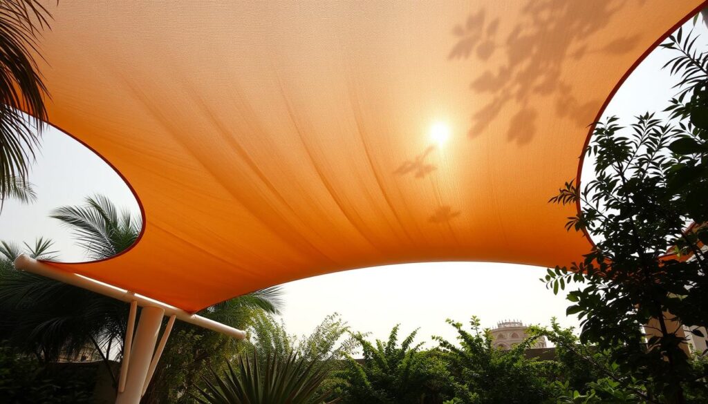 A meticulously crafted canopy of tensile fabric, strategically positioned to cast a warm, inviting glow over a lush garden landscape in Dammam. Elegant curved supports gracefully arch overhead, creating a tranquil oasis of shade and comfort. Sunlight filters through the translucent material, casting intricate patterns of light and shadow upon the verdant foliage below. The structure seamlessly integrates with its surroundings, a testament to the successful marriage of form and function in this exceptional garden shade project.