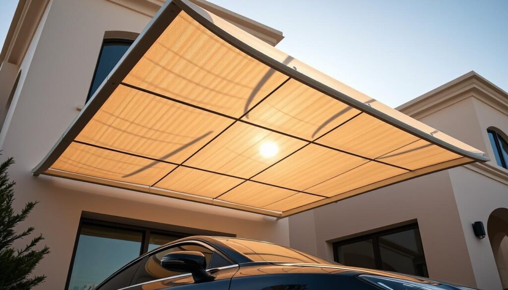 A meticulously designed car canopy crafted with premium PVC fabric, casting dramatic shadows as the sun's rays filter through its intricate tensile structure. The awning's sleek silhouette complements the surrounding Arabian architecture, creating a harmonious blend of modern aesthetics and traditional sensibilities. Subtle highlights accentuate the material's robust texture, while seamless integration with the villa's facade suggests a bespoke, tailored solution. The overall scene emanates a sense of sophisticated elegance, offering a visually captivating depiction of an ideal shade solution for the discerning homeowner.