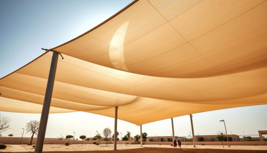 A meticulously designed fabric canopy, its tensile structure taut and elegant, casting intricate patterns of light and shadow across a sun-dappled Saudi Arabian landscape. Graceful steel supports rise from the ground, suspending the billowing cloth overhead, creating a shaded oasis amidst the surrounding environment. Sunlight filters through the weave, illuminating the vibrant colors and textures of the material, while sturdy anchors hold the structure firmly in place. This visually striking and functional shade solution offers protection from the harsh desert sun, creating a comfortable and inviting space for students and educators alike.