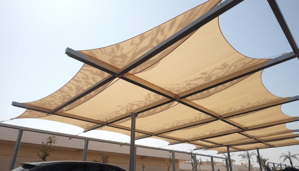 A meticulously engineered canopy system, showcasing the pinnacle of quality and safety standards in car shade installation. Sturdy steel frames hold taut, weather-resistant fabric panels that cast intricate, naturalistic patterns of light and shadow across the scene. Sleek, minimalist supports seamlessly blend form and function, creating an inviting haven of comfort and protection. Thoughtful placement and precise tensioning ensure structural integrity, while considered lighting accentuates the elegant, contemporary design. This installation exemplifies the harmonious balance between aesthetic appeal and unwavering safety, destined to enhance the driving experience in Qatif, Saudi Arabia.