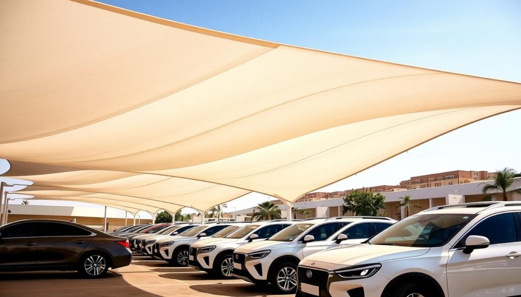 A modern and elegant tensile shade structure covers a row of cars in the sunny city of Al-Ahsa, Saudi Arabia. The sleek, white fabric canopy casts a soft, diffused light over the vehicles below, creating a comfortable and inviting atmosphere. The structure's minimalist design blends seamlessly with the desert landscape, while the careful placement of support columns and tensioned cables creates a sense of architectural harmony. The scene is bathed in warm, natural sunlight, with subtle shadows highlighting the contours of the cars and the undulating curves of the shade structure. The overall composition evokes a sense of tranquility and functionality, perfectly suited for the local climate and setting.