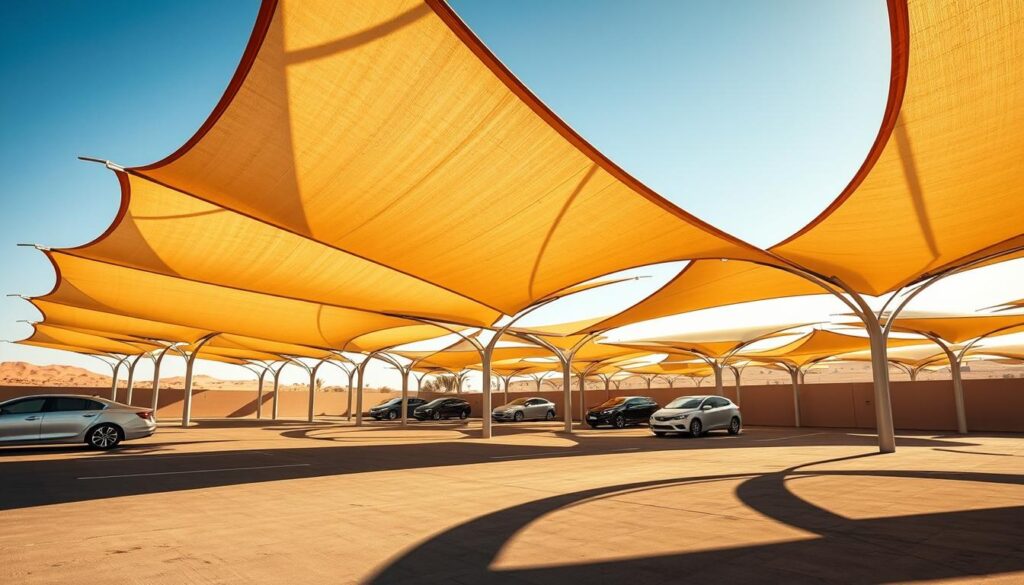 A modern and sleek car parking shade structure situated in the sunny landscape of Saudi Arabia. The shades are made of high-quality tensile fabric, providing ample coverage and protection from the harsh desert sun. The shade structures are arranged in a harmonious, geometric pattern, casting intricate shadows that dance across the ground. Warm, directional lighting illuminates the scene, accentuating the curves and textures of the materials. The overall composition conveys a sense of functionality, elegance and adaptation to the local environment.