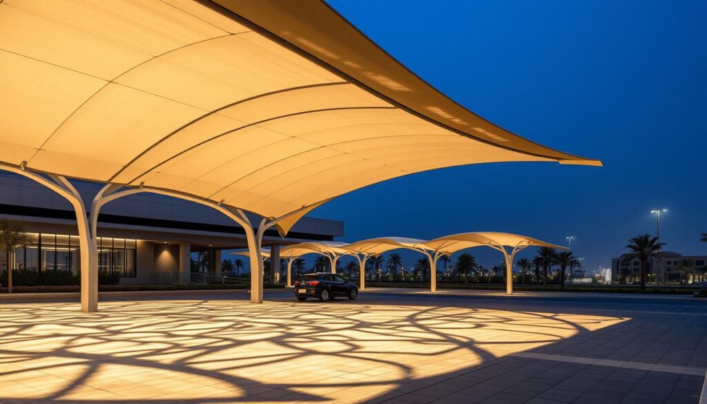 A modern and sleek car shade structure in the city of Al-Ahsa, Saudi Arabia. The tensile design features an elegant, curved roof made of high-quality materials that cast intricate shadows on the ground below. The shade is positioned to provide optimal coverage for vehicles, with a seamless integration of lighting that illuminates the space in a warm, inviting glow. The overall scene conveys a sense of sophisticated, future-forward design that blends functionality and aesthetic appeal.