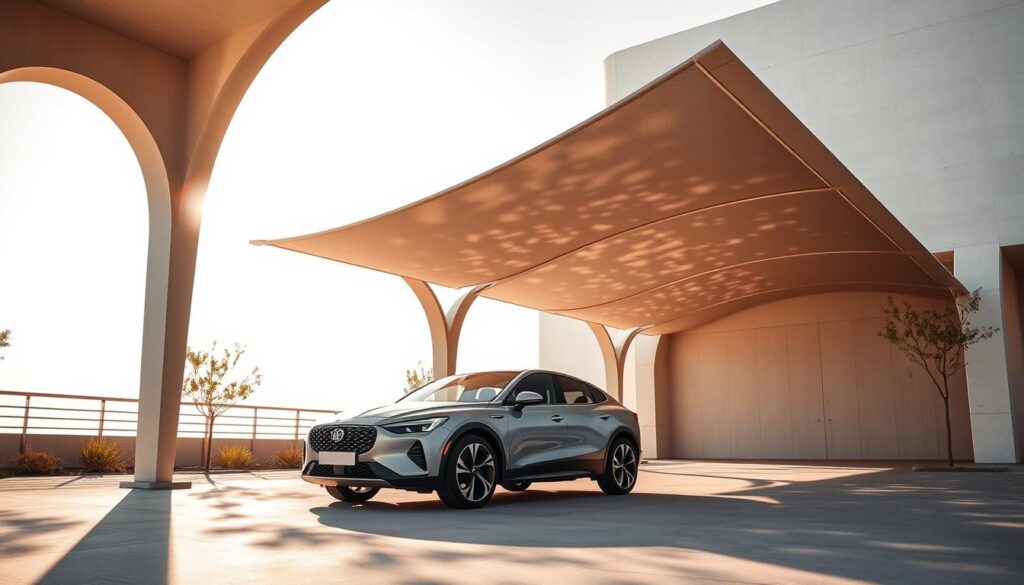 A modern car canopy system with sleek, minimalist design and graceful architectural arches, casting soft, dappled shadows across the ground. Sunlight filters through the tensile fabric, creating a warm, inviting atmosphere. The canopy's clean lines and subtle curves complement the vehicle's aesthetic, blending function and form seamlessly. Detailed textures, precise engineering, and a focus on both shade and aesthetic appeal make this the perfect car cover solution for the discerning driver in Khobar, Saudi Arabia.