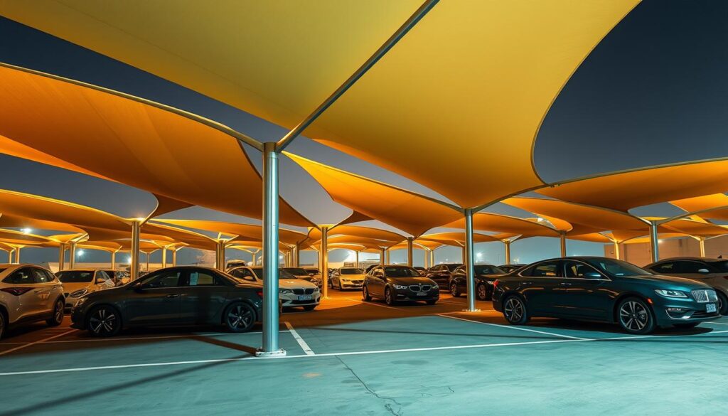 A modern car parking lot in Dhahran, Saudi Arabia, with sleek, curved tensile shade structures casting dramatic shadows across the vehicles. The structures are designed with a clean, minimalist aesthetic, utilizing taut fabric panels supported by slender metal frames. Warm, directional lighting illuminates the scene, creating a balance of light and shadow that accentuates the architectural details. The image conveys the importance of functional yet visually appealing shading solutions in the region's arid climate, providing both comfort and an attractive visual element to the urban landscape.