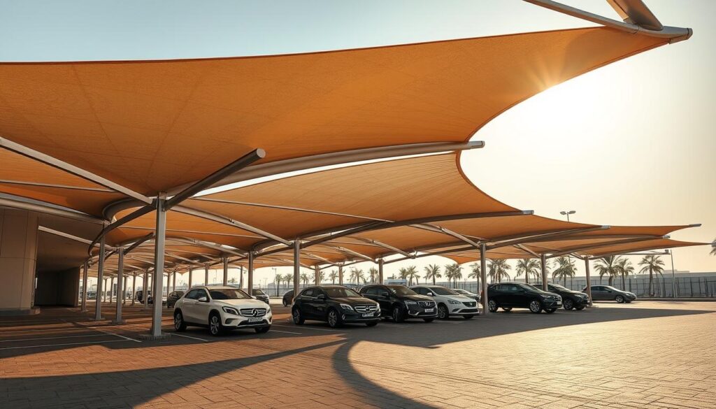 A modern car parking shade structure in Dammam, Saudi Arabia, casting realistic shadows on the ground. The shade is composed of sleek, metallic tensile membranes supported by robust architectural framework, creating a harmonious blend of form and function. The materials and construction adhere to strict quality and safety standards, ensuring durability and protection for the vehicles beneath. Warm, diffused lighting illuminates the scene, highlighting the clean lines and attention to detail in the design. The overall impression conveys a sense of sophistication, reliability, and unwavering commitment to both aesthetic appeal and user safety.
