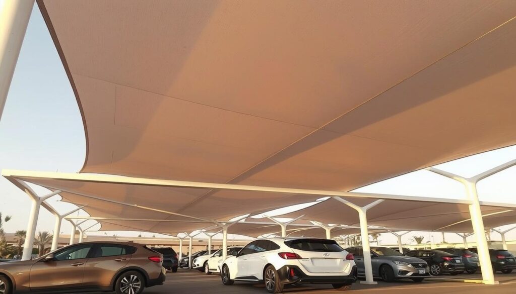A modern car shade structure in Qatif, Saudi Arabia, with a sleek and contemporary design. The canopy features a curved tensile fabric that casts gentle shadows across the parked vehicles below, creating a harmonious balance of form and function. The lighting is natural and warm, accentuating the clean lines and premium materials used in the construction. The overall scene evokes a sense of refined sophistication, perfectly suited for the 2026 landscape of Qatif's car parks.