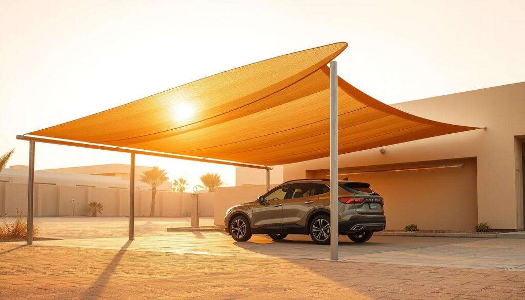 A modern car shade structure in a warm desert setting, casting soft shadows across the parked vehicle. The tensile canopy design features a sleek, minimalist profile with clean lines and subtle curves, blending seamlessly with the architectural landscape. Warm, golden sunlight filters through the lightweight fabric, creating a cozy and inviting ambiance. The shaded area provides ample coverage, offering protection from the intense Saudi Arabian sun. The overall scene conveys a sense of tranquility and functionality, showcasing an elegant solution for shading cars in a desert climate.