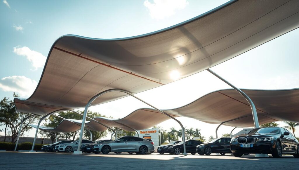 A modern car shade structure with a sleek, futuristic design. Curved tensile canopies crafted from lightweight, durable materials create an elegant silhouette against a bright, cloudless sky. The shimmering fabric filters sunlight, casting dynamic shadows that dance across the ground. Minimalist steel frames support the graceful curves, blending seamlessly with the surrounding environment. Sophisticated lighting integrated into the design casts a warm, inviting glow in the evening hours. The striking, contemporary appearance complements the latest model vehicles parked beneath, creating an visually captivating, harmonious scene.