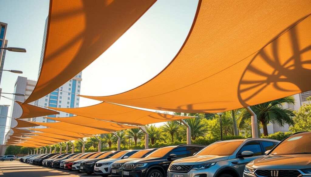 A modern city streetscape in Saudi Arabia, showcasing a row of cars parked under sleek, tensile car shade structures. The shades are made of high-quality PVC fabric, casting intricate shadow patterns on the vehicles below. The scene is bathed in warm, golden sunlight, creating a sense of comfort and practicality. The shades are positioned at various angles, adding visual interest and depth to the composition. In the background, tall buildings and lush greenery create a vibrant urban environment. The image conveys the importance of durable, aesthetically-pleasing car shade solutions in the Saudi Arabian climate.