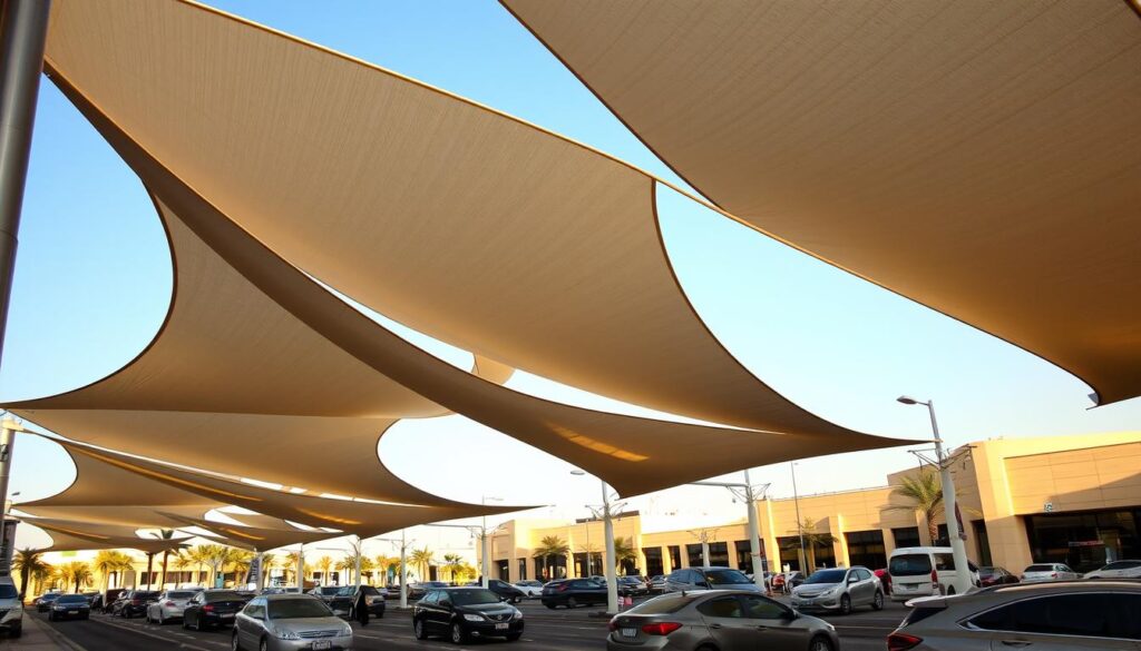 A modern cityscape in Saudi Arabia, with sleek, architectural tensile shade structures casting dynamic shadows across the bustling streets below. The large, elegant canopies shield parked cars and pedestrians from the warm, desert sun, their fabric billowing softly in the gentle breeze. The lighting is natural and warm, highlighting the intricate structural details and the interplay of light and shadow. The scene conveys a sense of functional sophistication, showcasing the important role these shade structures play in the urban landscape.