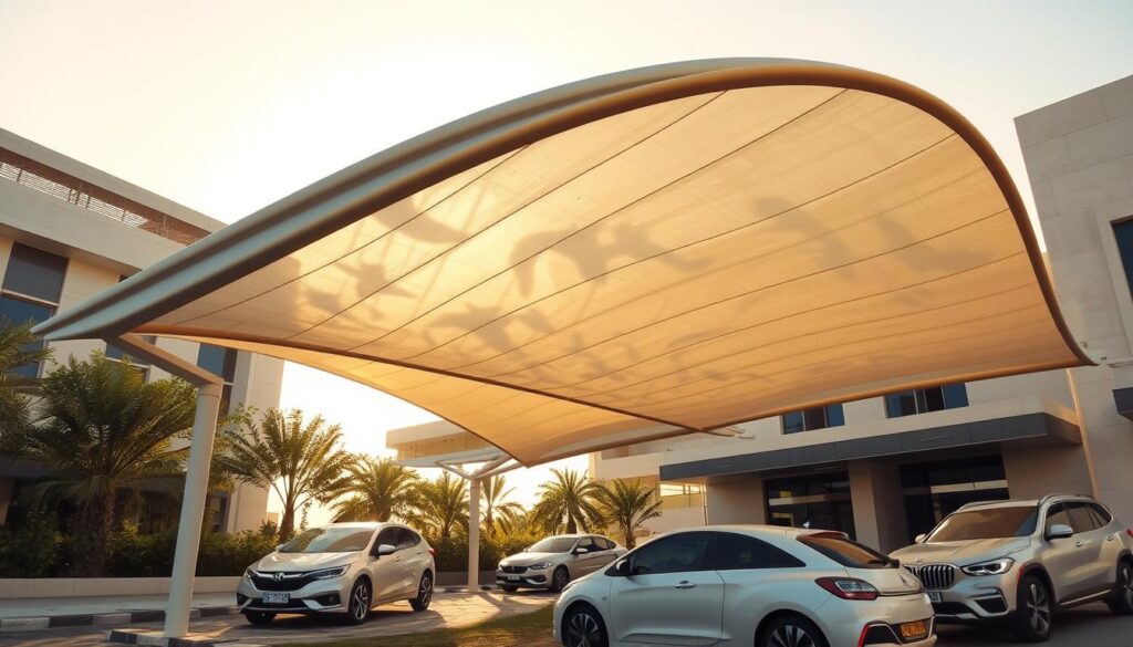 A modern, contemporary car shade structure in Dhahran, Saudi Arabia. The canopy gracefully arches over a row of parked vehicles, casting soft, dappled shadows on the ground below. The design features sleek, minimalist lines and clean geometric forms, blending seamlessly with the architectural style of the surrounding buildings. Warm, golden sunlight filters through the translucent fabric, creating a pleasant, welcoming atmosphere. The structure's tensile construction creates a sense of lightness and elegance, complementing the vehicles it protects. The scene is captured from a low, eye-level perspective, emphasizing the scale and presence of the shade structure.