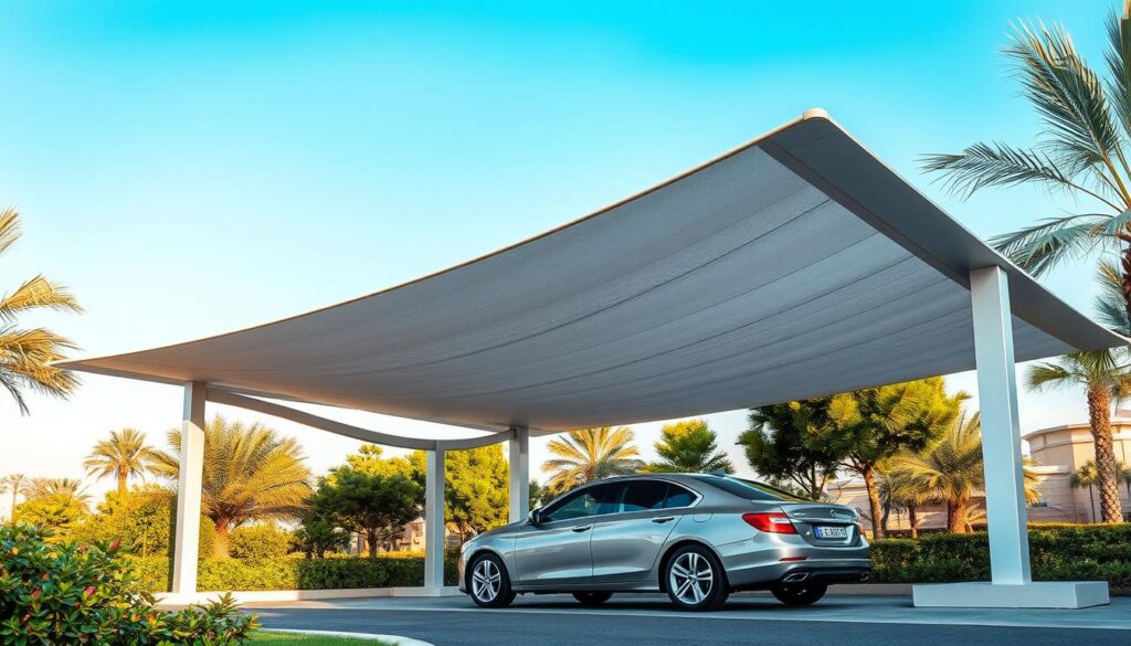 A modern, high-quality car shade structure in Dammam, Saudi Arabia. The shade features a sleek, minimalist design with clean lines and a tensile fabric canopy that provides ample coverage and protection from the sun. Soft, diffused lighting illuminates the scene, casting subtle shadows that accentuate the structure's elegant form. The surrounding environment is lush and verdant, with vibrant greenery and a clear, azure sky overhead. The overall atmosphere conveys a sense of sophisticated comfort and functionality, ideal for enhancing the driving experience.