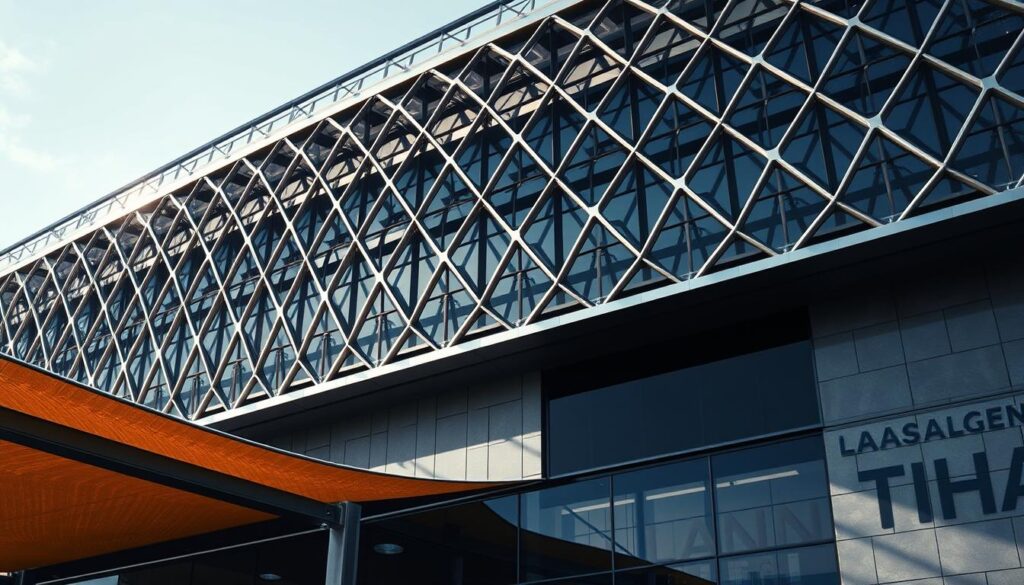 A modern industrial building with an intricate lattice-like structure made from heat-resistant materials. The facade features a combination of polished steel panels, tempered glass, and high-performance ceramic tiles. Dramatic lighting casts deep shadows, highlighting the robust, angular design. In the foreground, a section of the building's facade is visible, showcasing the attention to detail and the seamless integration of form and function. The overall scene conveys a sense of strength, durability, and technological sophistication, suitable for a high-end villa shade structure application.