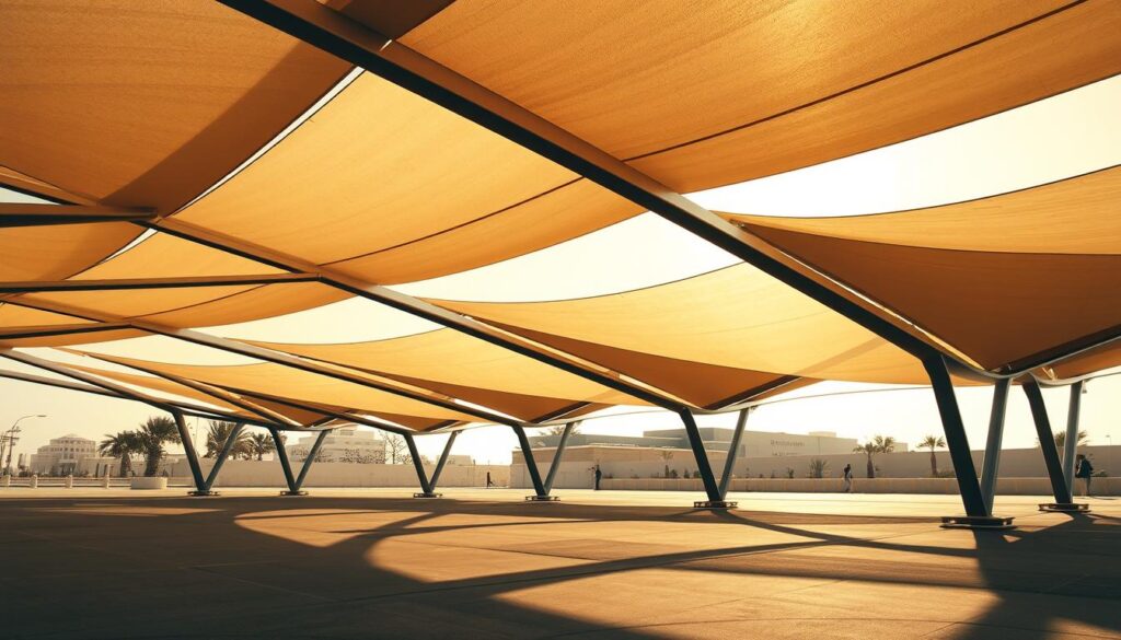 A modern, intricate car shade structure with a sleek, minimalist design. The frame is composed of intersecting metal beams, creating a visually striking and functional form. The tensile membrane stretched between the beams casts intricate patterns of light and shadow across the ground, providing both aesthetic appeal and practical shade. The scene is bathed in warm, natural lighting, with subtle highlights and shadows enhancing the depth and texture of the materials. The overall composition conveys a sense of elegant simplicity, seamlessly blending functionality and aesthetics in the context of a Saudi Arabian setting.