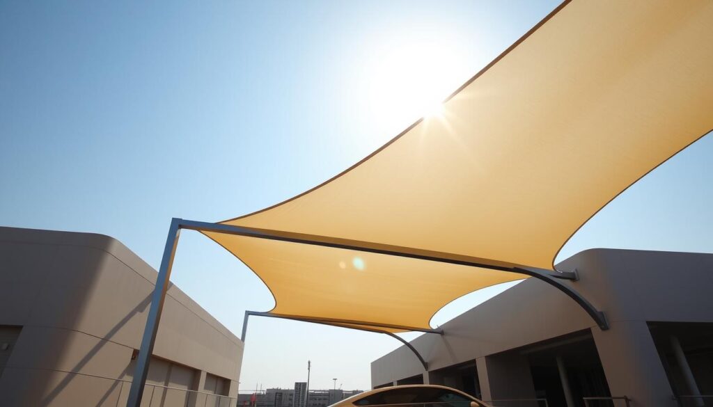 A modern, minimalist car shade structure in Saudi Arabia, featuring clean lines and a sleek, metallic frame. The shade is composed of high-quality, tensile fabric that casts gentle shadows, creating a serene and welcoming atmosphere. The structure is positioned at an angle, casting dynamic shadows that shift throughout the day, illuminated by natural light from a bright, sunny sky. The overall design is engineered for durability and efficiency, catering to the needs of car owners in the region.