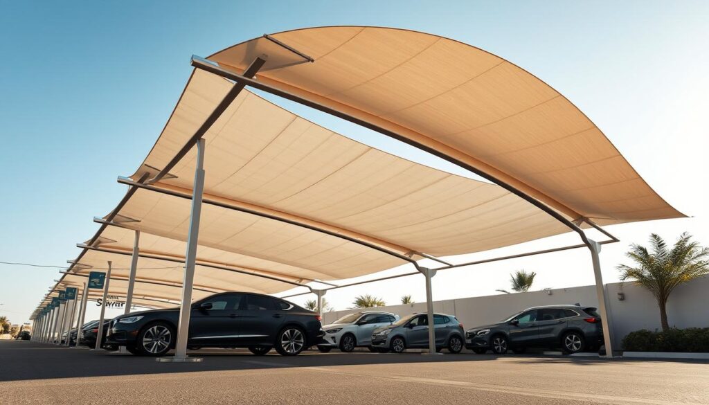 A modern, minimalist car shade structure in Saudi Arabia, featuring sleek tensile fabric stretched over a minimalist steel frame. The design seamlessly blends function and aesthetics, with clean lines, gentle curves, and a harmonious color palette that complements the surrounding environment. Realistic lighting and cast shadows create depth and a sense of three-dimensionality, highlighting the elegant proportions and architectural integrity of the structure. The image conveys a forward-looking, technologically advanced vision for the future of car shade solutions in the region.