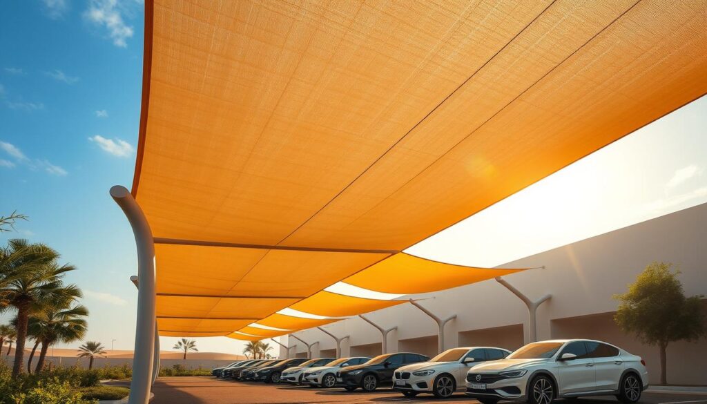 A modern, minimalist car shade structure in the heart of Saudi Arabia. The sleek, tensile design casts a gentle, dappled shadow over a row of parked vehicles, creating an oasis of cool respite from the relentless desert sun. Warm, golden light filters through the fabric canopy, casting soft patterns on the ground below. The structure's clean lines and elegant curves seamlessly blend form and function, offering both aesthetic appeal and practical shading. Surrounding the scene, lush greenery and a cloudless blue sky evoke the picturesque beauty of the Saudi landscape.
