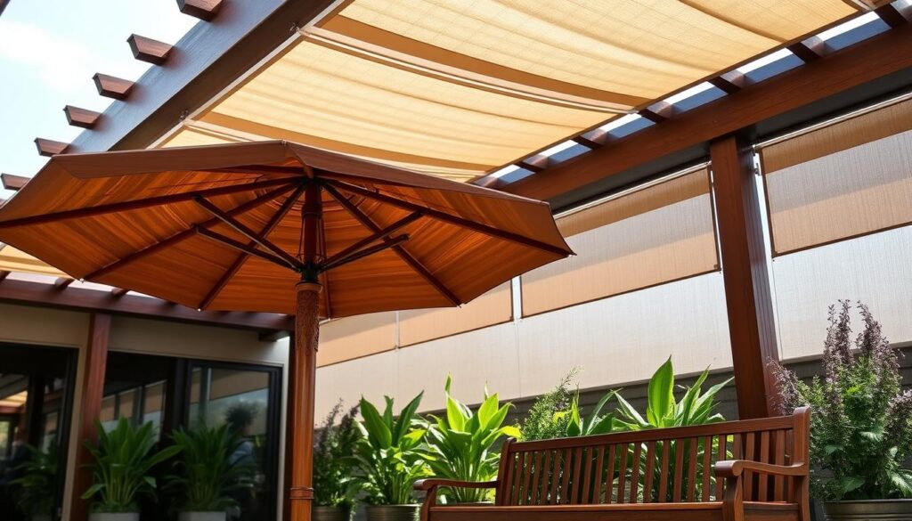 A modern outdoor patio with a stylish wooden pergola structure, adorned with high-quality retractable fabric shades. The shades display a range of appealing colors and textures, casting soft, natural light over the scene. The focal point is a large, freestanding wooden parasol with intricate carvings, surrounded by lush potted plants. In the foreground, an elegant wooden bench invites visitors to relax and enjoy the serene ambiance. The overall composition highlights the harmonious blend of nature and contemporary design, showcasing the latest trends in high-end outdoor living spaces.