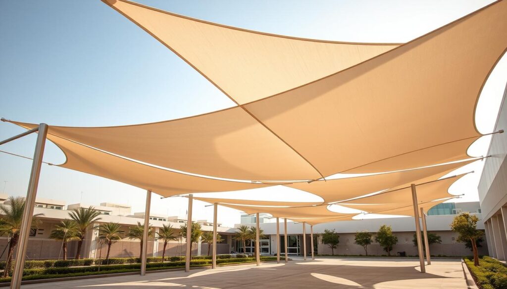 A modern outdoor space in Dammam, Saudi Arabia, showcasing a series of tensile fabric shade structures designed to provide functional and aesthetic solutions for commercial and residential areas. The structures feature a clean, minimalist architecture with sleek white canopies supported by slender, metallic frames. The scene is bathed in warm, natural lighting, casting dynamic shadows that add depth and drama to the overall composition. The shades are strategically positioned to create pockets of shade and shelter, inviting visitors to gather and enjoy the comfortable, well-designed public space. The image captures the high-quality craftsmanship and durability of the PVC fabric canopies, highlighting their suitability for the region's climate and the successful integration of these projects within the urban fabric of Dammam.